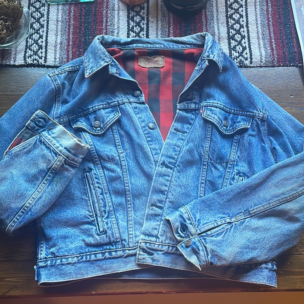 Vintage 80s Mens Levi’s Denim Jacket Washed Plaid Lined 70417 0816 Size 50 Large